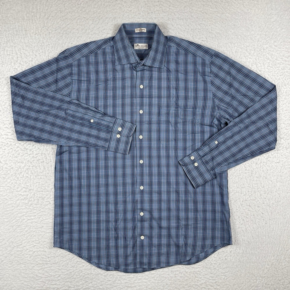 Peter Millar Shirt Mens Large Blue Plaid Crown Office Work Comfort Preppy Casual